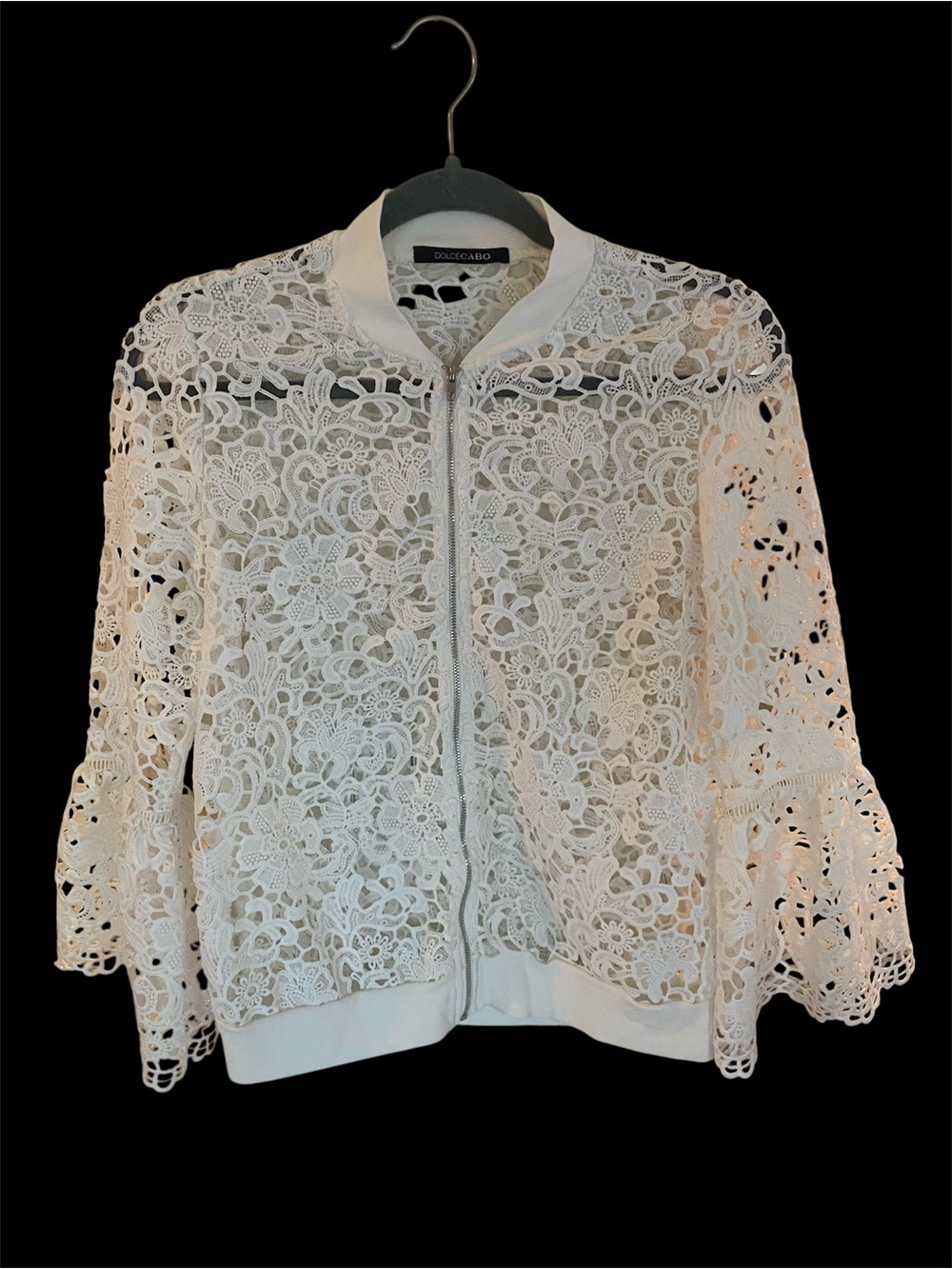 Dolce Cabo White Floral Lace Zip Bomber Jacket Size XS